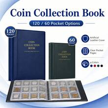 60/120 Pocket Coin Collection Album, Portable Coin Holder Book With Clear Inner Pages, Artificial Leather Coin Storage Organizer For Coins, Tokens, Medals And Badges - A - View 6
