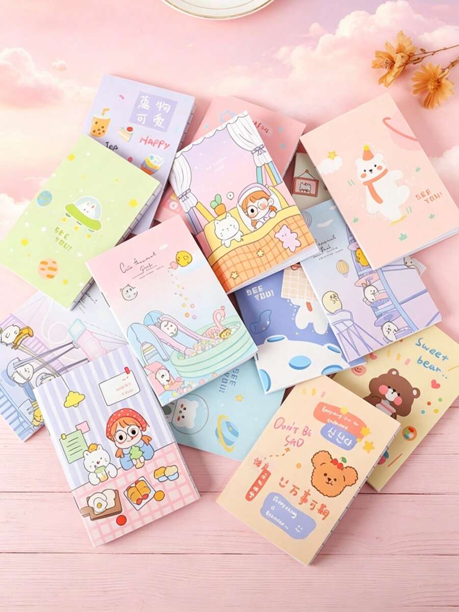 5/10PCS Cartoon Illustration Mini Pocket Notebooks, Lightweight Portable Memo Notebooks, Can Record Notes, Record Inspiration, Can Draft, Essential Back To School Stationery - Multicolor - View 1