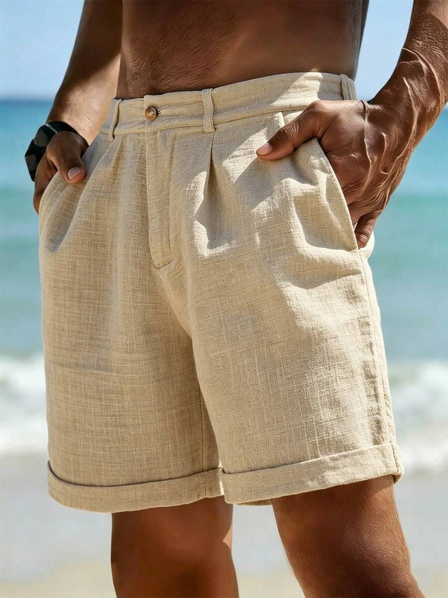 Men's Linen Shorts, Men's Summer Linen Pants | American Sporty Casual Shorts | Comfortable Fabric Material | Straight Cut Relaxed Fit | Elastic Drawstring Waist Design Suitable For Multiple Body Types | Suitable For Spring/Summer Commuting, Vacation, Travel, Daily Wear | Refreshing And Non-Stuffy - Khaki - View 1