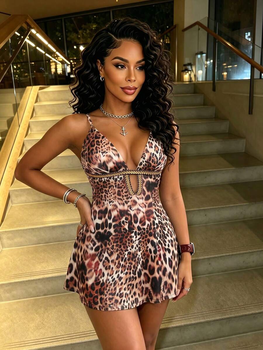 DVSLOE Women's Y2K Vintage Sexy A-Line Spaghetti Strap Dress, Leopard Print V-Neck Mini Dress, Suitable For Nightclub, Date Dinner, Party And Shopping Outfits - Coffee Brown - View 1