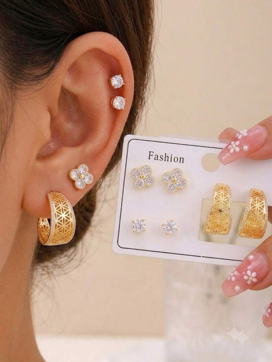 6pcs Summer Earring Set, Minimalist C-Shaped Earrings, Round Studs, Sweet Clover Earrings Suitable For Daily Wear - Multicolor - View 1