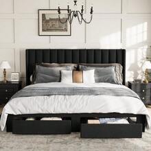 Beaully Queen/Full/King Size Velvet Upholstered Platform Bed Frame With Wingback Headboard & 2 Underbed Storage Drawers, Wooden Slat Support, No Box Spring Required, Easy Assembly Bedroom Bed Base - King Black - View 8