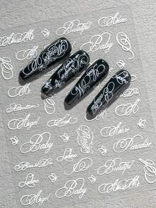 1pc Luxury Vintage Cursive English Nail Art Sticker, Featuring Cursive English Phrases And Minimalist Line Butterfly Decorative Elements, Suitable For Mature Commute, French Date, Evening Party, Wedding Dress Styling, Aesthetic Outfits, Etc., DIY Use For Career Women, Nail Art Enthusiasts, Press-On Nail Shop Owners, Wedding Nail Artists Nail Stickers - White - View 2