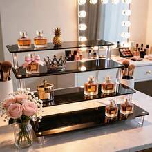 Black Glossy Mirror Acrylic Step Display Stand, Clear Cylinder Support Desktop Organizer Rack For Figurines Cosmetics Jewelry Perfume Storage,Bedroom Room Decor,Back To School - Black - View 1
