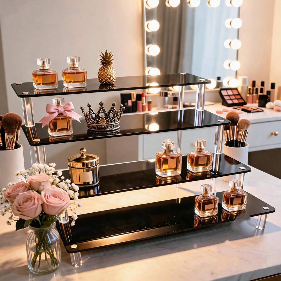 Black Glossy Mirror Acrylic Step Display Stand, Clear Cylinder Support Desktop Organizer Rack For Figurines Cosmetics Jewelry Perfume Storage,Bedroom Room Decor,Back To School - Black - View 1