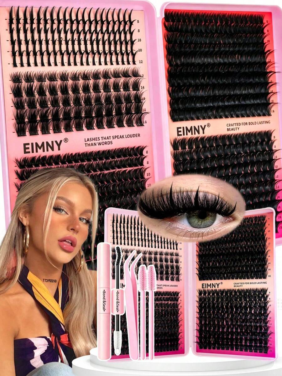 Eimny 699pcs Dense Pointed Cluster False Eyelashes Set, Anime Fox Eye Single Lash, D Curl Mixed Length 8-16mm, Large Capacity Soft Lightweight Long-Lasting DIY Eyelashes, Includes Full Tool Kit, Suitable For Party, Stage And All Occasion Makeup - Multicolor - View 1