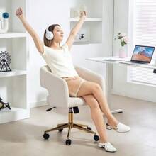Office Chair With Casters, Velvet-Look Upholstery, Height Adjustable And Tiltable, Cream White - White - View 7