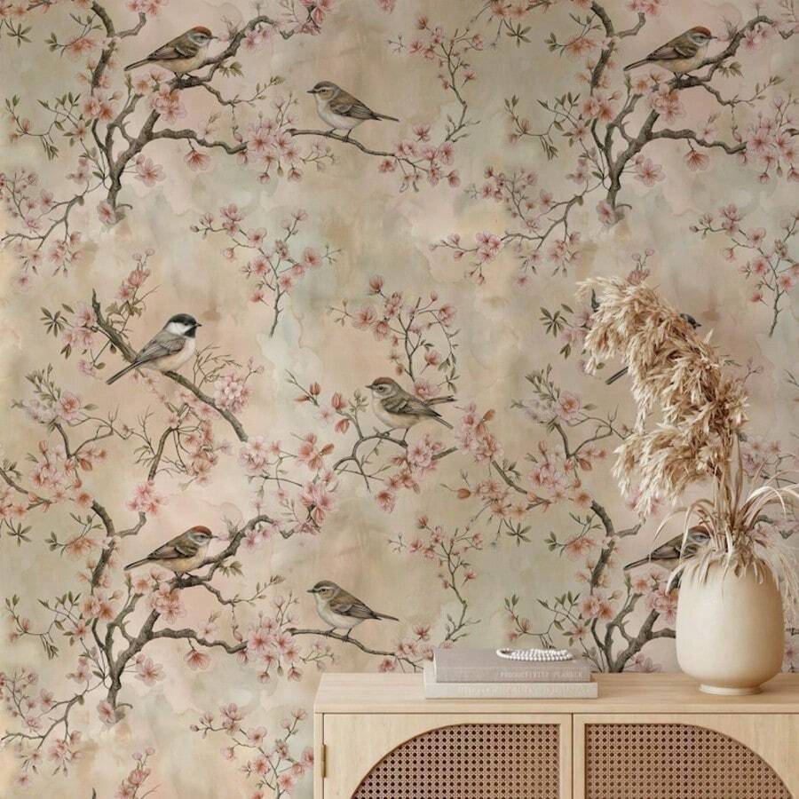 1 Roll Chinese Style Cherry Blossom Home Decor Self-Adhesive Wallpaper, Soft Elegant Floral Bird Plant Wall Decoration Wall Sticker, Waterproof Oil-Proof Easy To Clean Removable Art Wall Sticker, Suitable For Bedroom Decoration, Living Room Wall Decoration, Hotel, Cabinet Decoration, Kitchen, Furniture Renovation Room Decoration Transformation. Summer Decoration Refresh Your Home. Rama Decorative Sticker