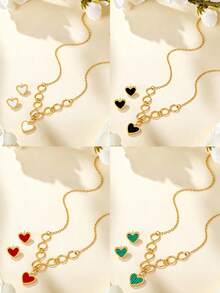 1 Set/3 Pieces Classic Heart Jewelry Set, Waterproof Stainless Steel Collarbone Necklace And Stud Earrings Set For Women - Heart - View 1