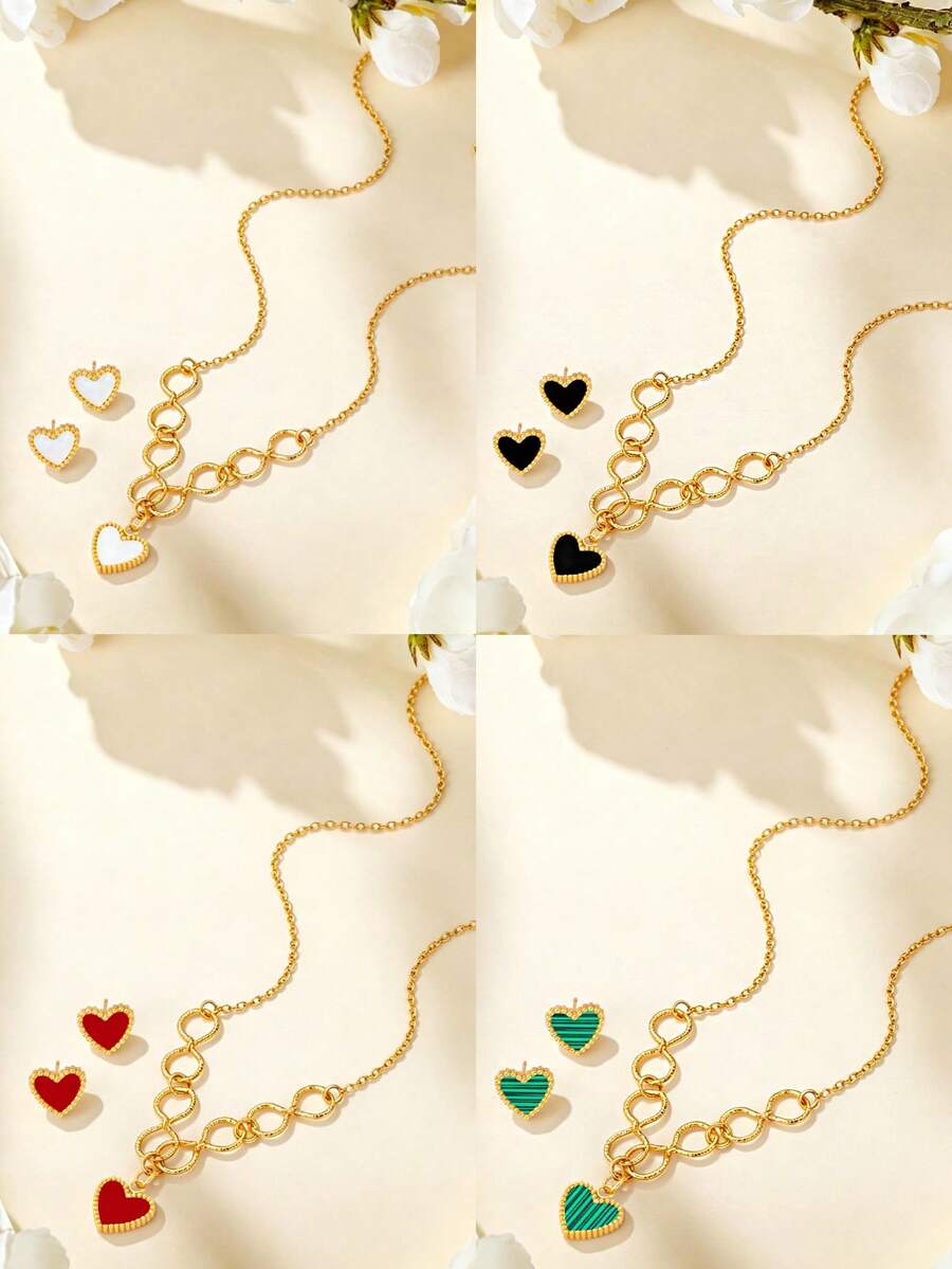 1 Set/3 Pieces Classic Heart Jewelry Set, Waterproof Stainless Steel Collarbone Necklace And Stud Earrings Set For Women - Heart - View 1
