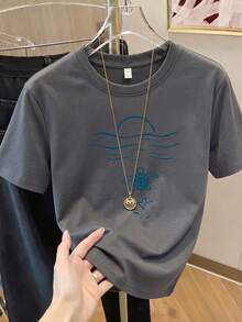 Impala Women's Short-Sleeved Printed T-Shirt, Spring Clothing, Holiday Outfit, White For Summer, Beach Look, Vacation, Country Style, Women's Office Outfit. - 深灰色 - 查看 11