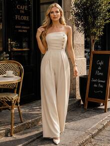 Perirose Elegant Women's Strapless Wide Leg Jumpsuit, Gold Button Decor, High Waist Design - Apricot - View 5