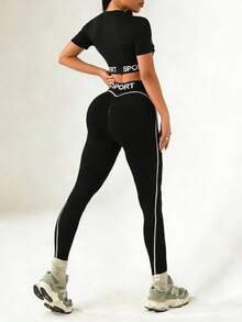 Women's 2pcs Sports Set, Short Sleeve T-Shirt And Leggings - Contrast Color Letter Elastic Cross Design Black Summer Style - Black - View 2