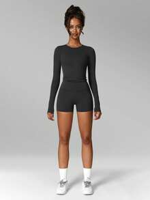 MFVIM Women's Sports Set Fashion Elastic Casual Slim Fit Yoga Dance Fitness Long Sleeve Shorts Set, Versatile Soft Lightweight Skin-Friendly, Essential For Daily Home Commute Outdoor Jogging Cycling Tennis Court Badminton Court Yoga Workout And Various Occasions Women's Fitness Wear - Black - View 7