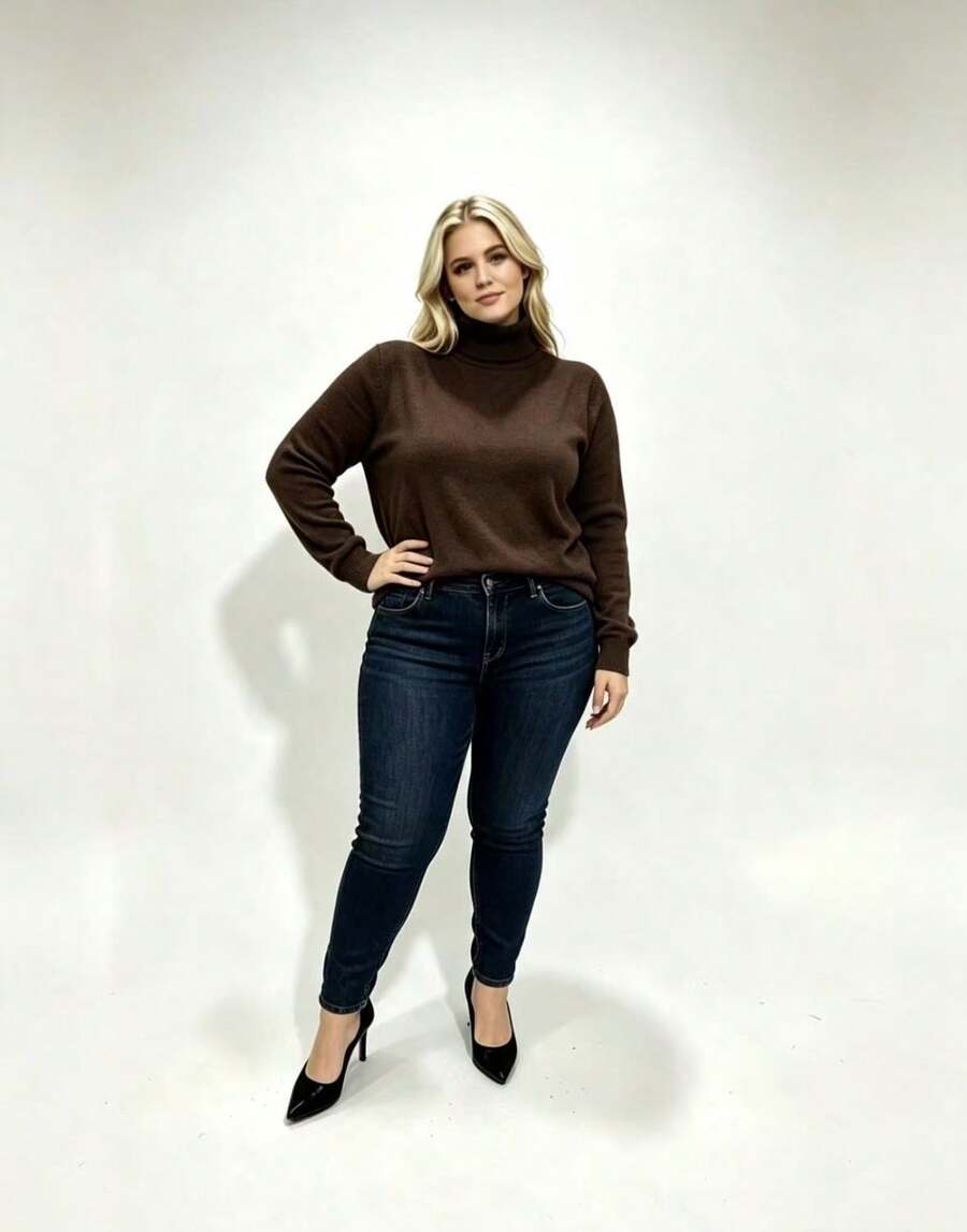 Steve Store Women's Knit Turtleneck Plus Size Elastane Sweater Long Sleeve Basic Winter Blouse Elegant Fashion - 棕色的 - 查看 1