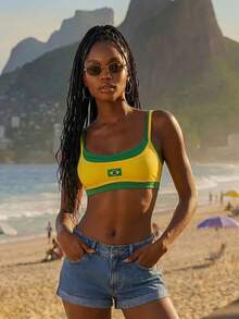 Y2k Summer Spring Outfits  Y2k Slim Fit Brazilian Printed Women Streetwear Crop Top With Two Tone Spaghetti Straps - Yellow - View 1
