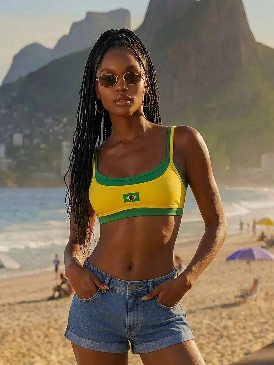 Y2k Summer Spring Outfits  Y2k Slim Fit Brazilian Printed Women Streetwear Crop Top With Two Tone Spaghetti Straps - Yellow - View 1