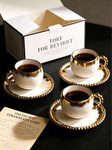 6 Sets / 1 Set 90ml (Approx. 3oz) French Luxury Pearl Edge Gold Brushed Cup And Saucer Set, With Gold Rim Matching Base, Minimalist Aesthetic Drinkware Suitable For Home Cafe Use, Italian Espresso Cup For Afternoon Tea, Mother's Day Gift, Graduation Gift, Summer Kitchen Essential, Birthday Decoration, Kitchen - Multicolor - View 3