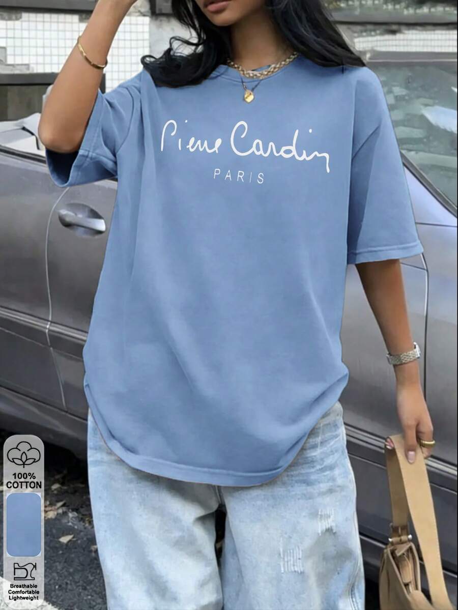 2026 Summer Women's Custom Loose-Fit Light Blue Cotton Top, White Handwritten Letter Print On Front, Light Luxury Style - Light Blue - View 1