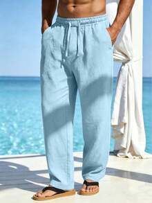 Men's Spring/Summer Thin Casual Long Pants, Simple Solid Color Pocket Drawstring Trousers, Comfortable Loose Linen Long Pants 2 Pieces - Light Wash - View 3
