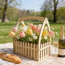 ALTUTU 1pc Picket Fence Wooden Handheld Gift Basket | Wedding Favor Candy Flower Storage Hamper For Birthday Holiday Gift Packaging - View 1