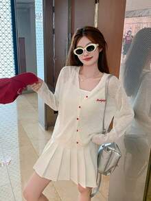 Atmospheric Gentle Korean Style Trending Thin Knit Cardigan, Women's Long Sleeve Sun Protection Cardigan, Red Button Embroidery Letter Detail White - White - View 2