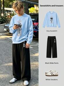 Big Boys "Vibes" Letter & Coconut Tree Print Crew Neck Sweatshirt & Pants Set, Fashionable & Comfortable New Style For Autumn/Winter - Multicolor - View 3
