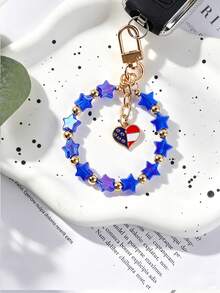 Pulseira Patriótica com Contas, Cordão de Telefone e Pingente de Bolsa com Contas Acrílicas em Estrela Vermelha, Branca e Azul, Pingente de Coração com Bandeira Americana, Dia da Independência - 2864 - Visão 8