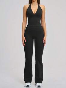 NcmRyu Women's One Set Slim Fit Solid Color Deep V-Neck Flared Pants Backless Sports Outfit - Black - View 7