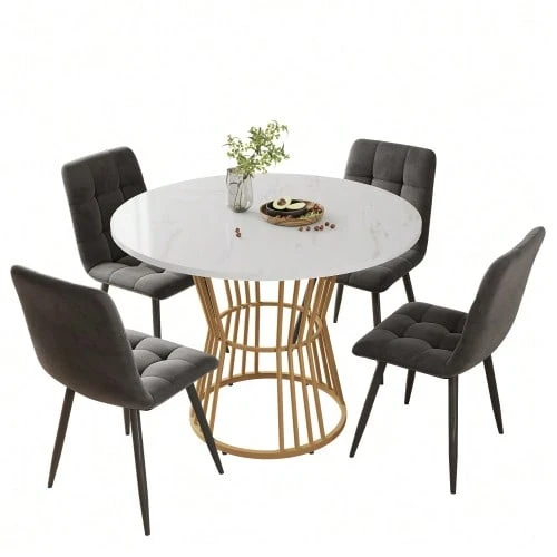 Dining Table Set (5-Piece), Dining Table Set With 4 Chairs, Kitchen Table Set, Round Dining Table With 100 Cm Diameter And Gold Metal Legs, White MDF Tabletop, Dining Chairs In Dark Grey Velvet - 彩色 - 查看 1