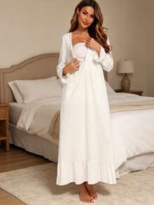 French Style Pure Cotton Spring/Autumn Long Sleeve Fairy Sweet Lace Loose Thin Maxi Nightgown Loungewear - White - View 3