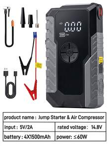 7合1可攜式汽車啟動電源,附充氣機、150 PSI 汽車輪胎充氣泵、5000A 峰值電流、LCD 螢幕、LED 手電筒與緊急燈、QC3.0 快充行動電源 - GL901 - 查看 15