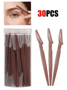 30/15/5pcs Eyebrow Trimmer Set, Long Handle Precision Eyebrow Shaper, Shaping & Trimming Beauty Tool, Exfoliating & Callus Removal Razor, Facial & Neck Shaving Blade, Women's Multi-Function Grooming Set, Travel & Home Use, Smooth - Mocha Brown - View 3