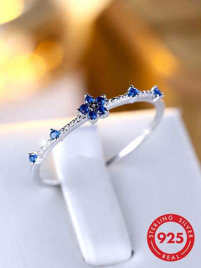 1pc Unique Petite Silver-Tone Blue Flower Ring, Birthday Gift For Women & Girls, Date/Party Jewelry Valentines