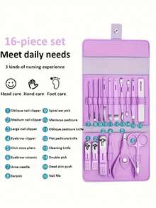 4/16Pcs Manicure Grooming Set, Stainless Steel Nail Care Kit With Storage Pouch, Portable Personal Hand & Foot Beauty Tools For Travel & Gift - Multicolor - View 6