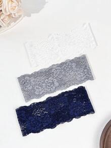 3件組女款純色刺繡蕾絲優雅時尚透氣舒適輕量裝飾髮箍，適合日常通勤、穿搭搭配、購物、旅行、攝影，送給好友的精緻禮物 - 深藍白灰三件式套裝 - 查看 3