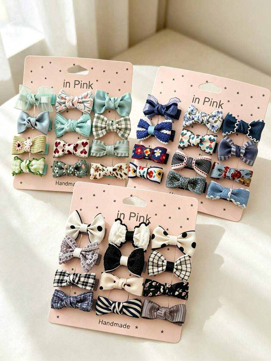 12-Piece Handmade Mini Bow Hair Clips, Floral Plaid Polka Dot Fabric BB Hair Clips, Non-Slip Bangs Hair Clips, Country Style Hair Accessory Set For Kids - Multicolor - View 1