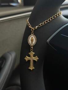 Vintage Rhinestone Virgin Mary Cross Car Hanging Ornament, Luxury Gold Chain Rearview Mirror Pendant, Unique Niche Car Interior Decor - A - View 7