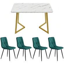 Dining Set (117x68cm Dining Table With 4 Chairs), Rectangular Dining Table, Modern Kitchen Table Set, Dark Green Twill Velvet Dining Chair, Gold Table Legs - Green - View 5