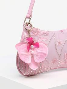 1pc Women's Vintage Vacation Marine Life Floral Beaded Sequin Mesh Faux Fur Tail Woven Pendant Shoulder Underarm Baguette Bag Suitable For Dating, Outing, Vacation, Party (Random Pattern) - Pink - View 3