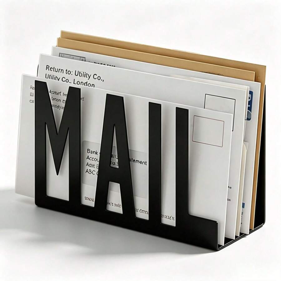 Modern Aesthetic Black Metal Hollow MAIL Letter Holder, Desktop Mail Sorting File Organizer, Office Envelope Document Storage Minimalist Decor - View 1
