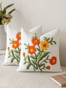 1 pieza Funda de almohada decorativa de estilo moderno y pastoral con bordado de girasol y flores en color púrpura, suave y lavable a máquina, adecuada para sofá, dormitorio, sala de estar y decoración del hogar - Cosmos naranja retro - Ver 12