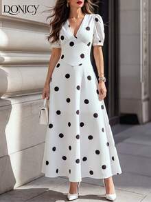 DONICY Damen Sommer Polka Dot Midi Kleid - Weißes V-Ausschnitt Puffärmel A-Linien Kleid, für Urlaub, Brunch & elegante Anlässe - Weiss - Übersicht 6