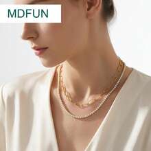 MDFUN 2件組混金屬層次項鍊套組，不鏽鋼迴紋針/橢圓鏈條 + 銅色 3mm CZ 鑽石網球疊戴項鍊，女款 - 金色 - 查看 6