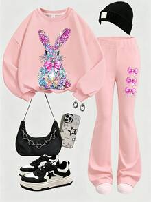 2pcs Set Girl Style Best Friend Outfit, Bow & Rabbit Print Cropped Sweatshirt + Flare Pants, Soft Casual Streetwear - Pink - View 2
