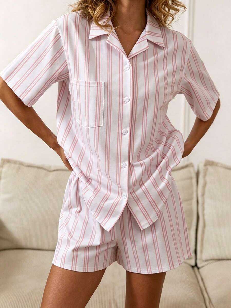 Striped Pajama Set, Short Sleeve Sleepwear, Lapel Collar Pjs, Women Lounge Matching Set, Soft Casual 2 Pieces Sleep Set - Multicolor - View 1