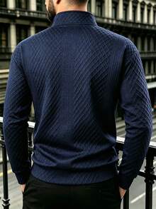 1pc Men's Jacquard Textured Full Zip Stand Collar Sweatshirt, Lightweight Knit Sweatshirt, Casual Daily Commute Street Style, Spring/Autumn - Navy Blue - View 2
