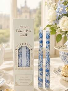 2pcs French Floral Print Taper Candles, Blue And White Pattern Decorative Table Candles, Smokeless Soy Wax, Suitable For Home Decor, Party, Gathering, Holiday, Banquet, Ideal For Thanksgiving, Christmas And Halloween - Multiple Styles - View 2