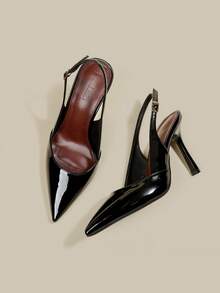 ManLuZi Women's Black Pointed Toe Patent Leather Stiletto High Heel Pumps, Elegant Formal Fashion Closed-Toe Buckle Party Evening Shoes With Slingback Strap - Black - View 2