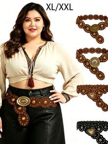 1pc Women's Black PU Leather Western Hollow Metal Grommet Round Belt - Black - View 15